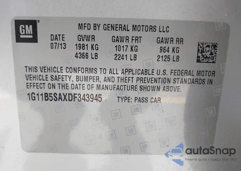 2013 Chevrolet Malibu 1Ls из США, поврежденный, VIN 1G11B5SAXDF343945